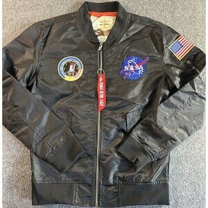 NASA Apollo Bomber Jacket Men’s Size M Black 100th Space Shuttle Mission Patches